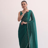 Peacock Green Chiffon Saree In Cutdana Embroidery With Unstitched Blouse