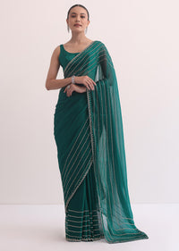 Peacock Green Chiffon Saree In Cutdana Embroidery With Unstitched Blouse