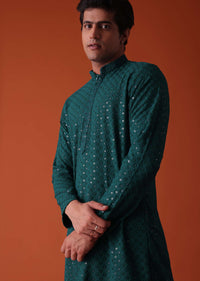 Peacock Green Chikankari Kurta Set In Rayon With Sequins Embroidery