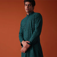 Peacock Green Chikankari Kurta Set In Rayon With Sequins Embroidery