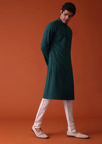 Peacock Green Chikankari Kurta Set In Rayon With Sequins Embroidery