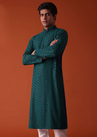 Peacock Green Chikankari Kurta Set In Rayon With Sequins Embroidery
