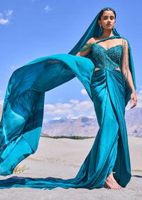 Peacock Green Embroidered Satin Gown With Sweetheart Neckline