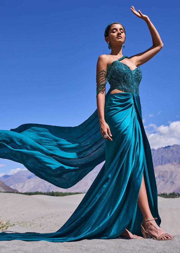 Peacock Green Embroidered Satin Gown With Sweetheart Neckline