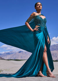 Peacock Green Embroidered Satin Gown With Sweetheart Neckline