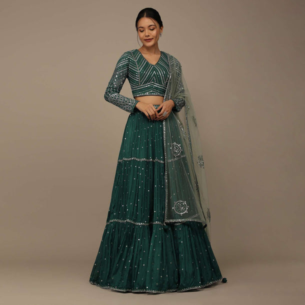 Peacock Green Festive Sequins Embroidered Lehenga Set In Chinon