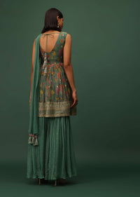 Peacock Green Georgette Sharara And Peplum Top Set With Zari And Cutdana Embroidery