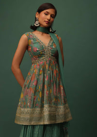 Peacock Green Georgette Sharara And Peplum Top Set With Zari And Cutdana Embroidery