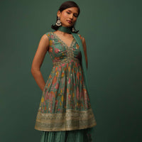 Peacock Green Georgette Sharara And Peplum Top Set With Zari And Cutdana Embroidery