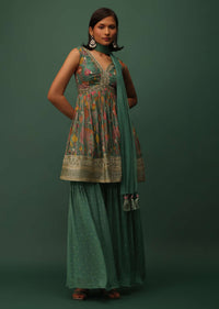 Peacock Green Georgette Sharara And Peplum Top Set With Zari And Cutdana Embroidery