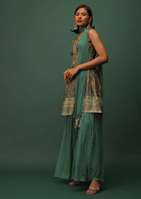 Peacock Green Georgette Sharara And Peplum Top Set With Zari And Cutdana Embroidery