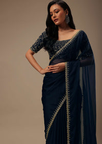 Dark Blue Plain Organza Saree With Heavy Cut Dana Work