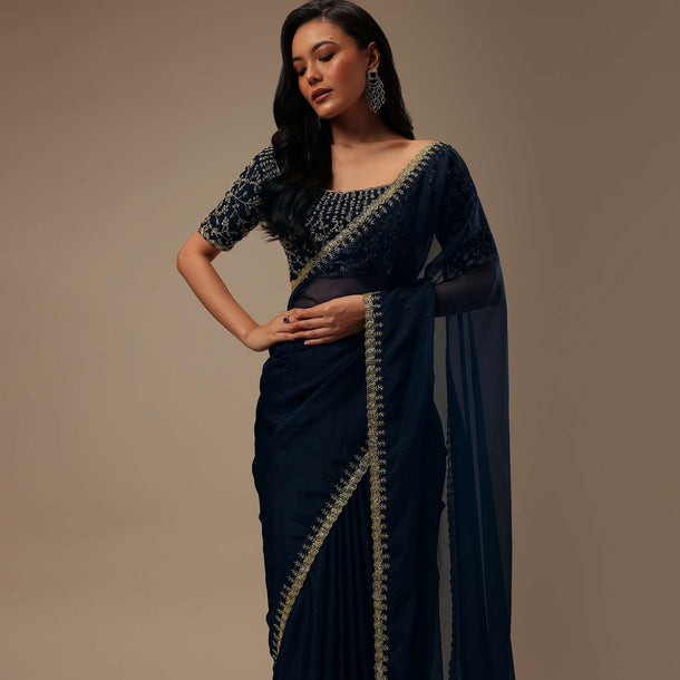 Dark Blue Plain Organza Saree With Heavy Cut Dana Work