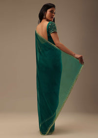 Peacock Green Plain Organza Saree With Heavy Cut Dana Work