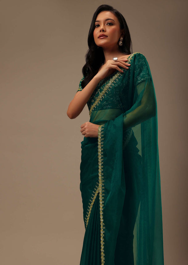 Peacock Green Plain Organza Saree With Heavy Cut Dana Work