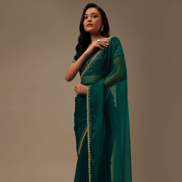 Peacock Green Plain Organza Saree With Heavy Cut Dana Work