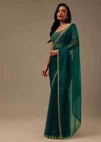 Peacock Green Plain Organza Saree With Heavy Cut Dana Work