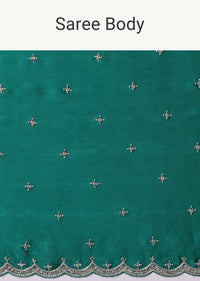 Peacock Green Saree In Satin Chinon With Scallop Border And Unstitched Blouse Piece