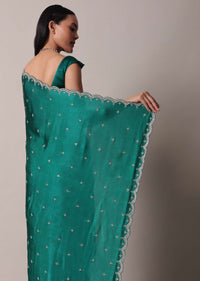 Peacock Green Saree In Satin Chinon With Scallop Border And Unstitched Blouse Piece
