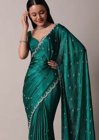 Peacock Green Saree In Satin Chinon With Scallop Border And Unstitched Blouse Piece