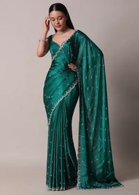 Peacock Green Saree In Satin Chinon With Scallop Border And Unstitched Blouse Piece