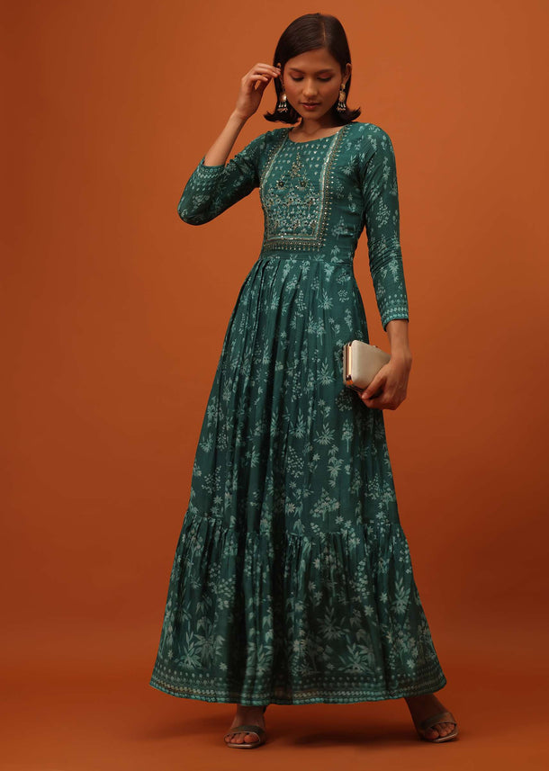 Peacock Green Satin Kurti With Sequins And Thread Work