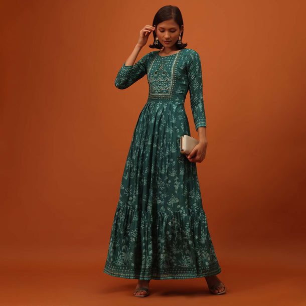 Peacock Green Satin Kurti With Sequins And Thread Work