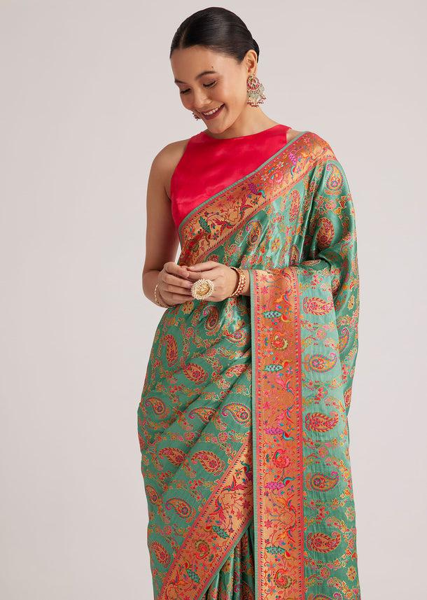 Peacock Green Satin Silk Saree With Jaal Work And Zari Border