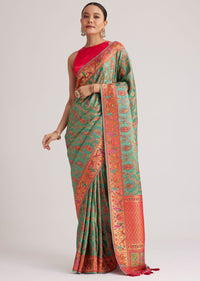 Peacock Green Satin Silk Saree With Jaal Work And Zari Border