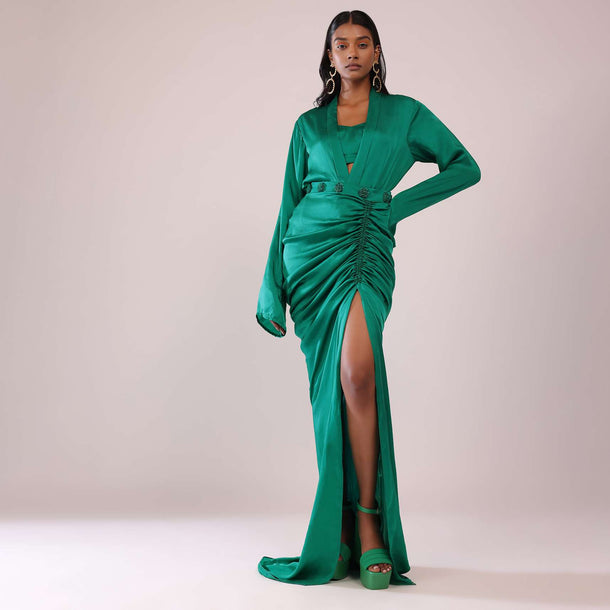 Jade Green Co-ord Shirt And Skirt Set With Bustier In Satin