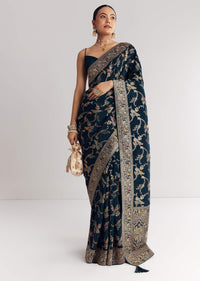 Peacok Blue Saree With Jaal Work And Embellished Stones All Over