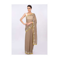 Peanut brown organza saree with floral embroidered border only on kalki