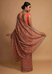 Peanut Brown Saree In Georgette With Kashmiri Embroidery In Paisley And Floral Jaal Online - Kalki Fashion