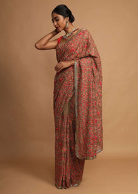 Peanut Brown Saree In Georgette With Kashmiri Embroidery In Paisley And Floral Jaal Online - Kalki Fashion