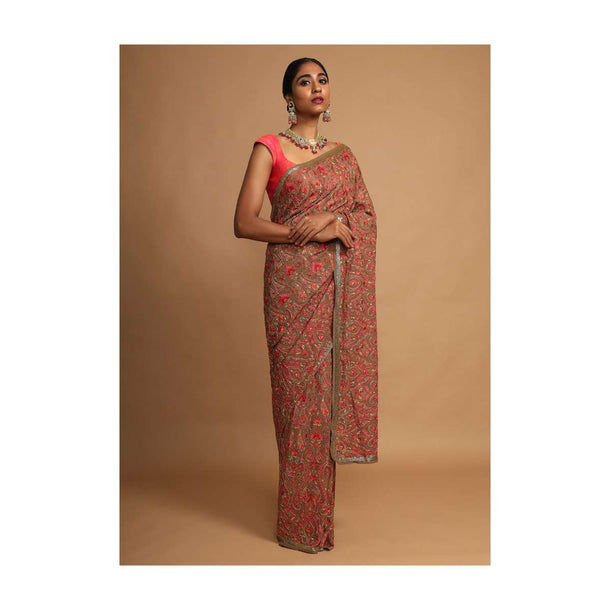 Peanut Brown Saree In Georgette With Kashmiri Embroidery In Paisley And Floral Jaal Online - Kalki Fashion