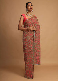 Peanut Brown Saree In Georgette With Kashmiri Embroidery In Paisley And Floral Jaal Online - Kalki Fashion