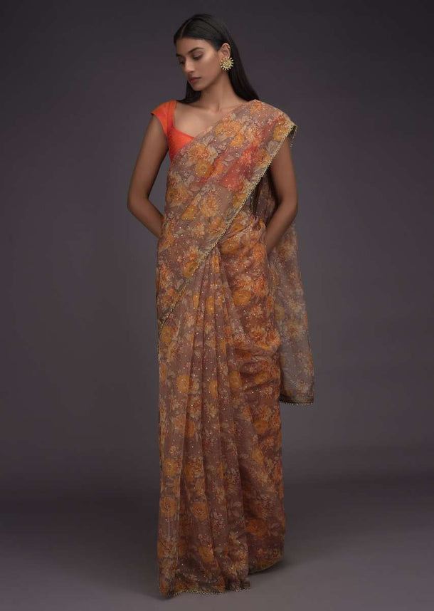 Peanut Brown Saree In Organza With Printed Floral Jaal And Cut Dana Trim On The Border Online - Kalki Fashion