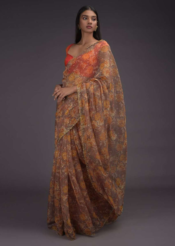 Peanut Brown Saree In Organza With Printed Floral Jaal And Cut Dana Trim On The Border Online - Kalki Fashion