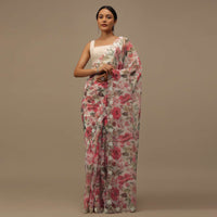 Pearl White Embroidered Organza Saree With Floral Print And Scallop Borders