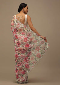 Pearl White Embroidered Organza Saree With Floral Print And Scallop Borders