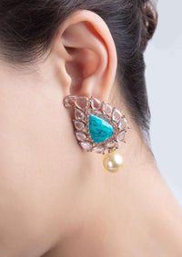 Pearl Cut Cluster Earring With Blue Semi Precious Stone And Cream Pearl Drop Online - Kalki Fashion