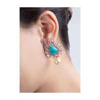 Pearl Cut Cluster Earring With Blue Semi Precious Stone And Cream Pearl Drop Online - Kalki Fashion