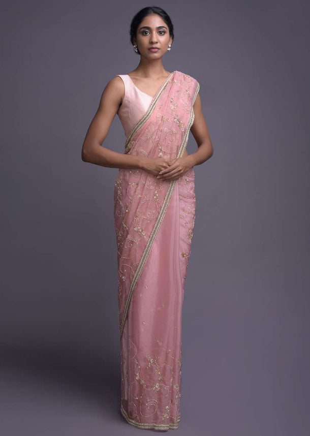 Peach Saree In Organza With Sequins And Cut Dana Work In Floral Buttis Online - Kalki Fashion