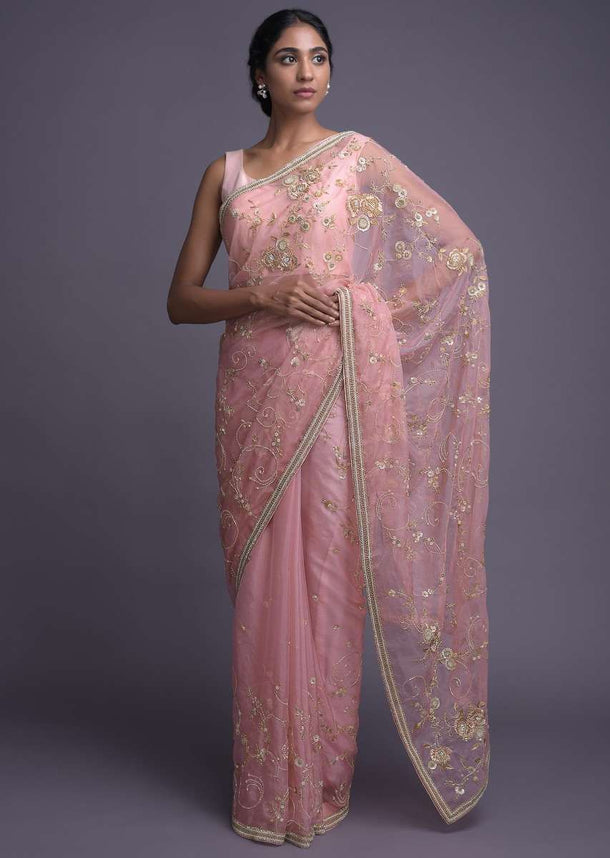 Peach Saree In Organza With Sequins And Cut Dana Work In Floral Buttis Online - Kalki Fashion