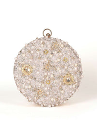 Pearl White Round Clutch With Heavy Embroidery Work Online - Kalki Fashion