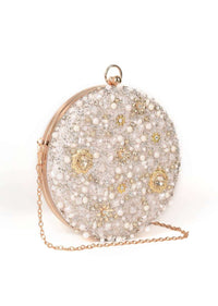 Pearl White Round Clutch With Heavy Embroidery Work Online - Kalki Fashion