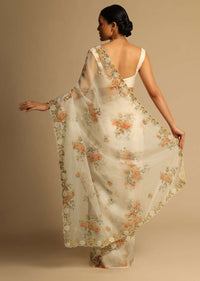 Pearl White Saree In Organza With Floral Print All Over And Moti Embroidered Border Along With Unstitched Blouse