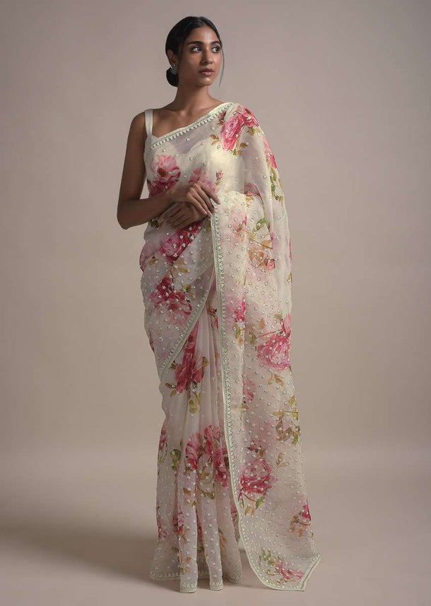 Pearl White Saree In Organza With Floral Print Along With Sequins And Pearls In Gradient Floral Pattern Online - Kalki Fashion