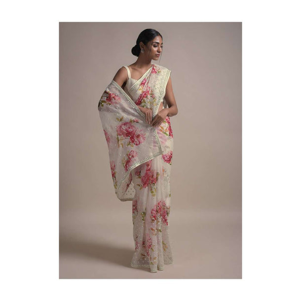 Pearl White Saree In Organza With Floral Print Along With Sequins And Pearls In Gradient Floral Pattern Online - Kalki Fashion