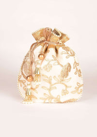Pearl White Silk Potli With Pita Zari In Floral Pattern Online - Kalki Fashion